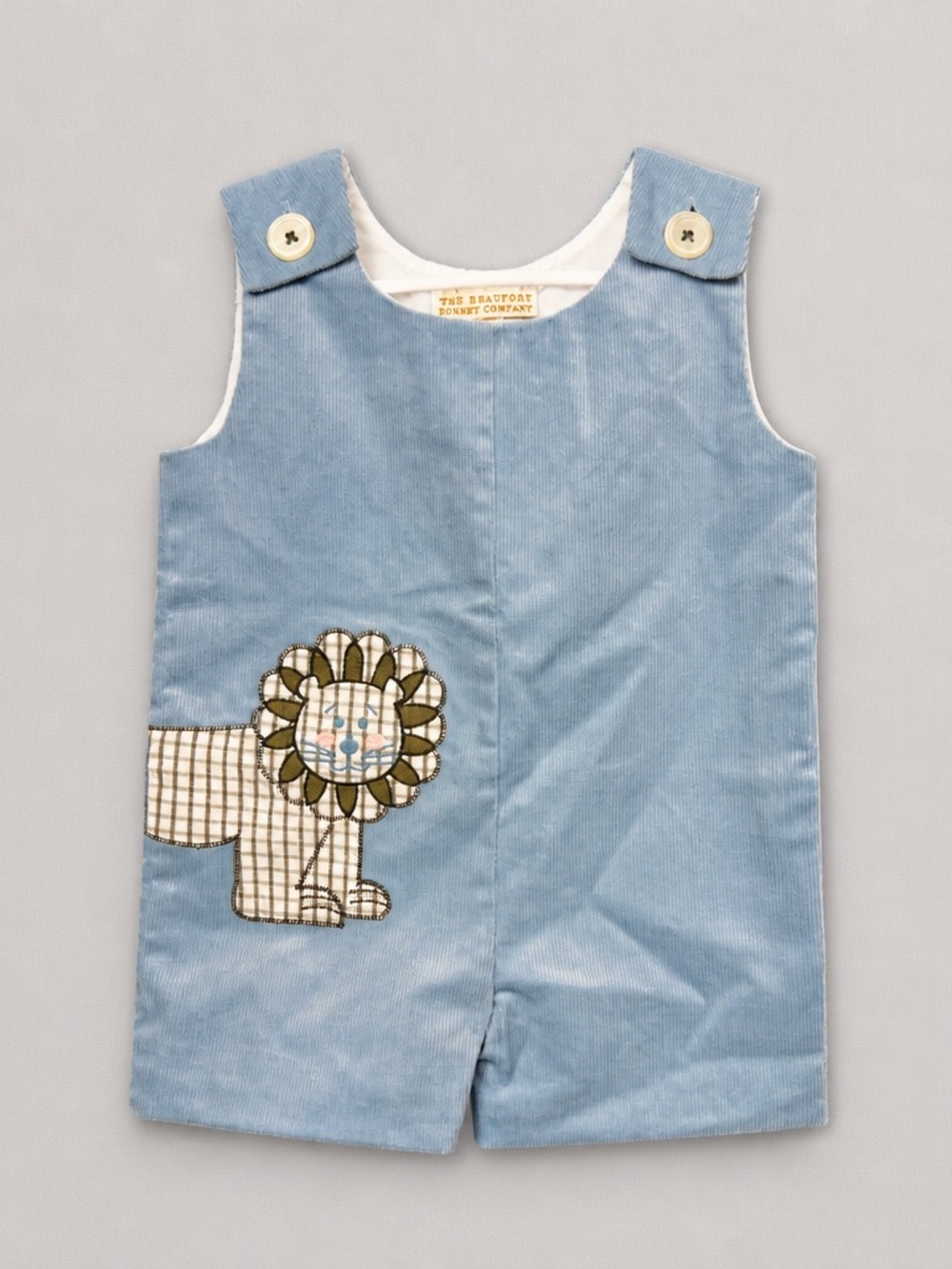 The Beaufort Bonnet Company Light Blue corduroy Lion Appliqué Romper 0-6 months